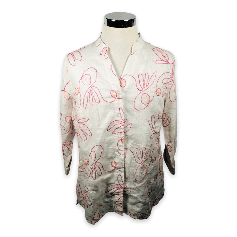 Carroll Reed Button Front Shirt Womens Large White Pink‎ Embroidered Floral